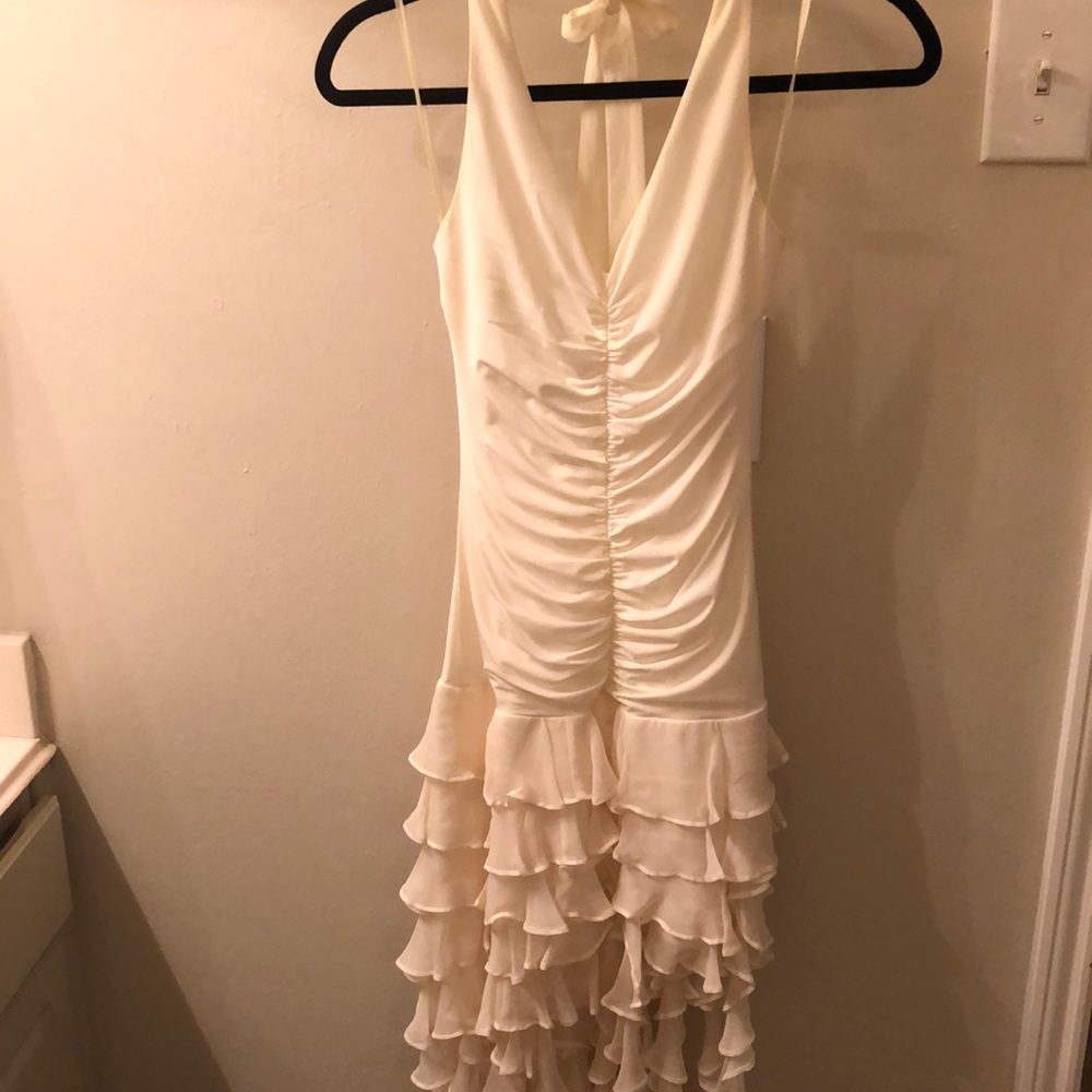 BCBG Cream asymmetrical ruffle cocktail dress